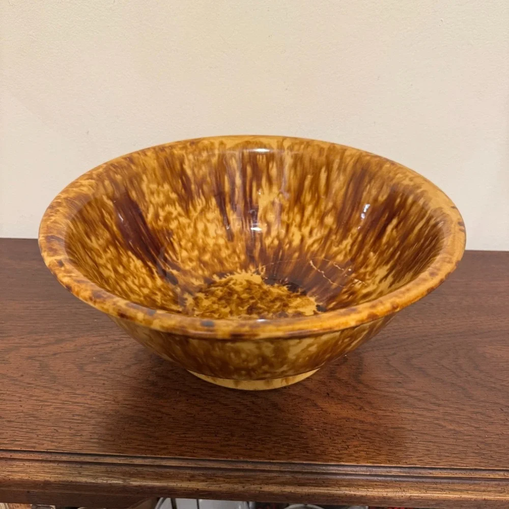 Antique Vintage Rockingham Spongeware Yellowware Mixing Bowl 10.5 in Brown Glaze